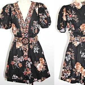 Caroline Constas Black Floral Puff Sleeves Beaded Belt Short Romper sz 6 $245